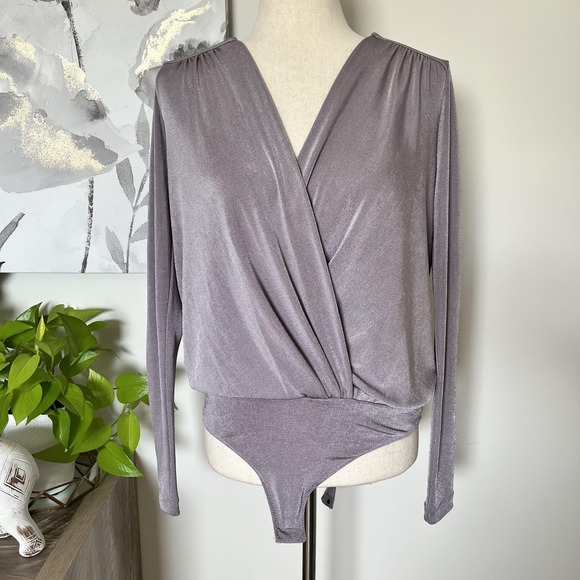 Free People Tops - Free People Bodysuit Top Womens Small Purple Surplice Wrap Long Sleeve Shimmer
